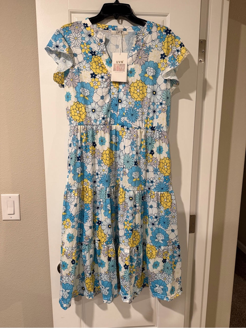 Floral Tiered Midi Dress in Blue and Yellow